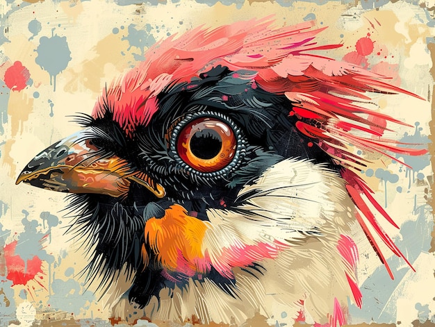 a painting of a bird with a red eye and a pink feather on it