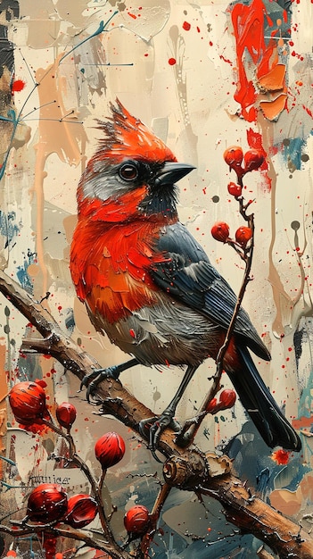 a painting of a bird with red feathers and red feathers