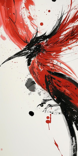 Painting of a bird with red feathers on a white background