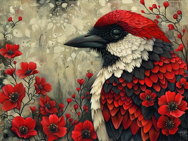 a painting of a bird with red flowers and a bird with red flowers