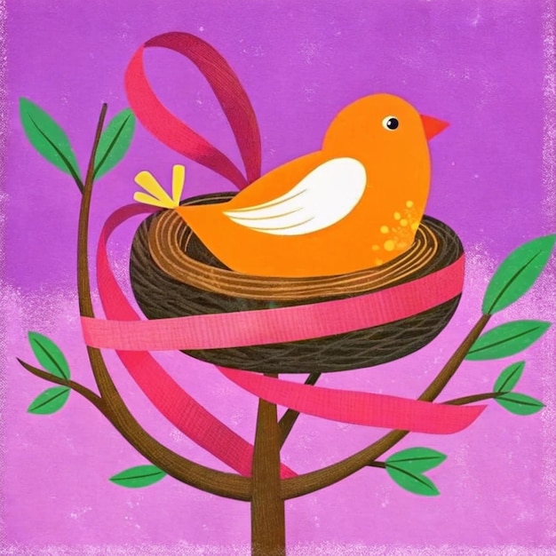 a painting of a bird with a ribbon around it