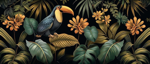 a painting of a bird with yellow beak and orange flowers