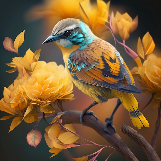 A painting of a bird with yellow and blue wings sits on a branch of a yellow flower.