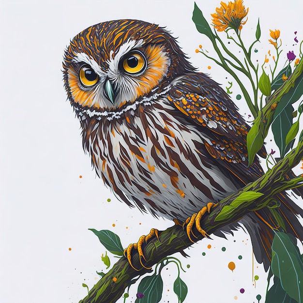 A painting of a bird with yellow eyes and a green branch with flowers on it.