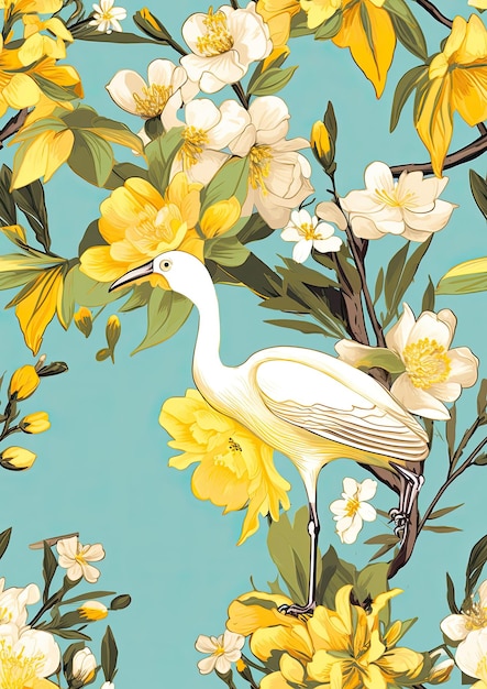 a painting of a bird with yellow flowers and the word  bird