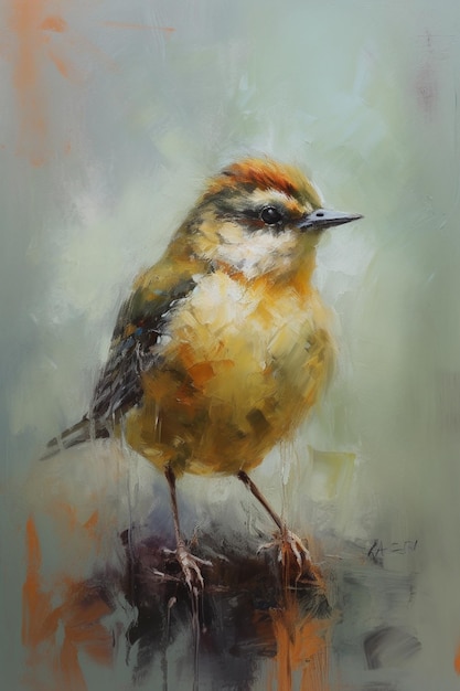 A painting of a bird with a yellow head and red stripes on the bottom.