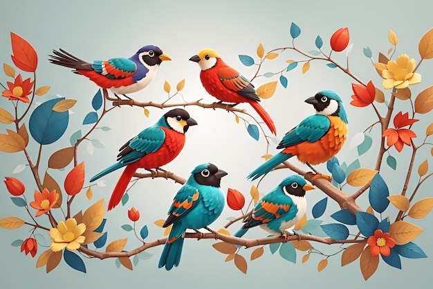 a painting of birds on a branch with leaves and flowers