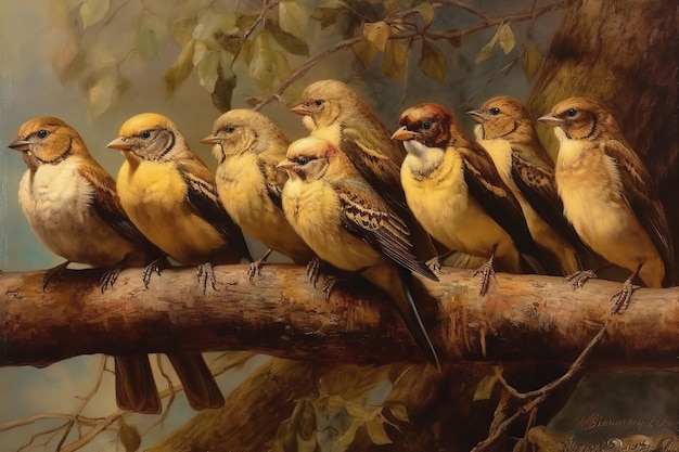 A painting of birds on a branch with leaves