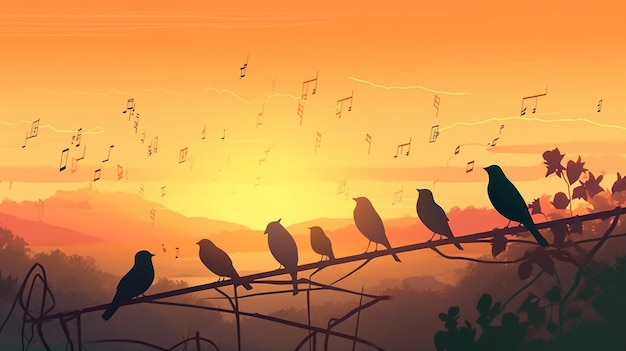 A painting of birds on a branch with music notes in the background.