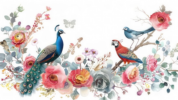 a painting of birds and flowers with a butterfly in the background