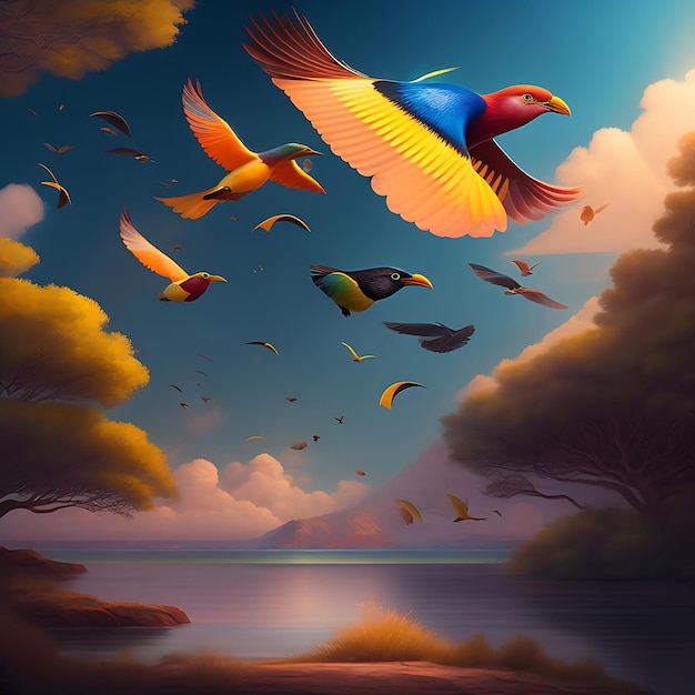 A painting birds on fly