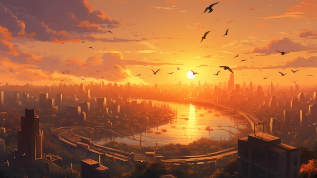 A painting of birds flying over a city at sunset