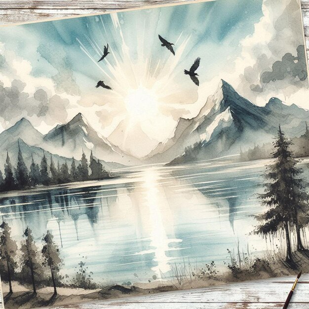 Photo a painting of birds flying over a lake with mountains in the background