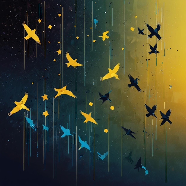 a painting of birds flying in the sky with a yellow background