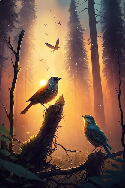 A painting of birds in the forest with the sun shining on them.