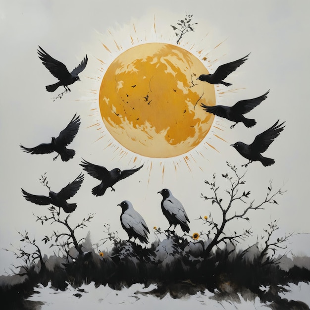 a painting of birds in front of a sun with the sun behind them