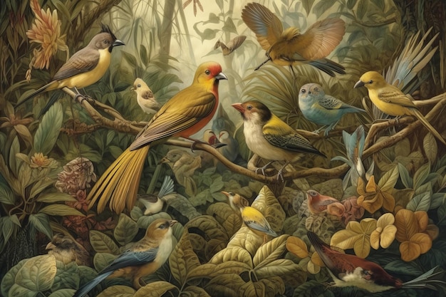 A painting of birds in a jungle with a green background.