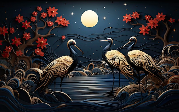 A painting of birds in the moonlight with a full moon in the background.