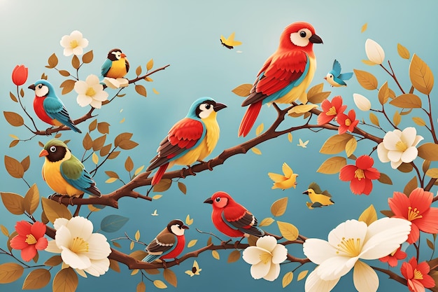 a painting of birds on a tree with flowers and a blue background