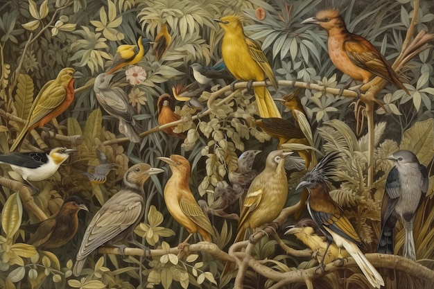 A painting of birds and tropical plants with a tropical background.