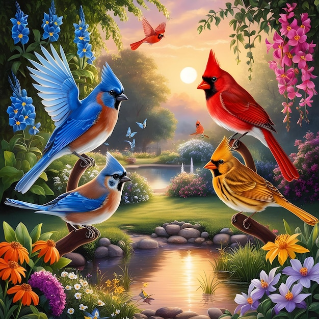 a painting of birds with a pond and flowers in the background