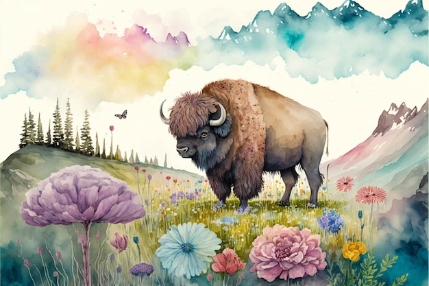 Painting of a bison standing in a field of flowers generative ai