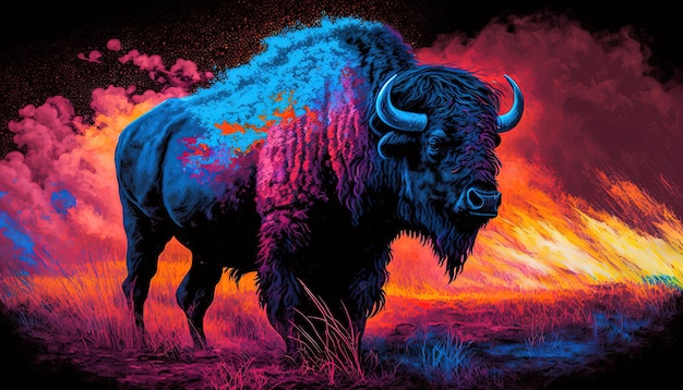 A painting of a bison with a blue and purple background.