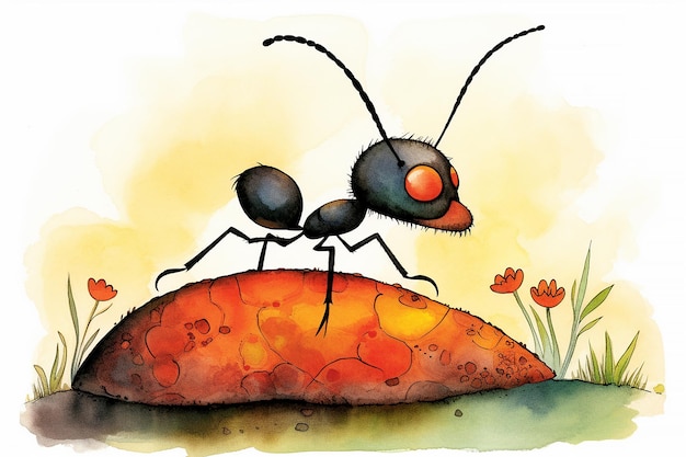 A painting of a black ant with red eyes and a yellow background with a red spot on the bottom.