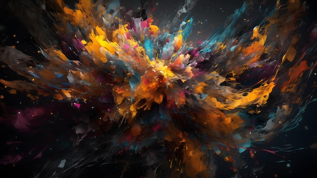 A painting of a black background with a blue and orange paint splatter.