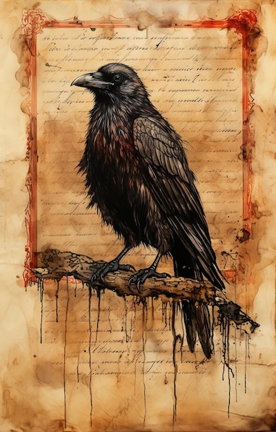 painting of a black bird sitting on a branch with a declaration in the background generative ai