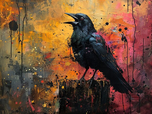 a painting of a black bird with a red beak