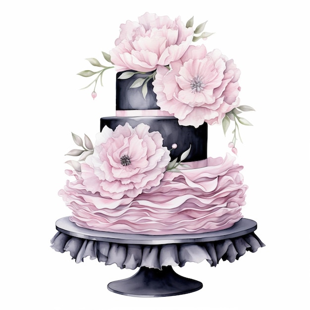 a painting of a black cake with pink flowers on it