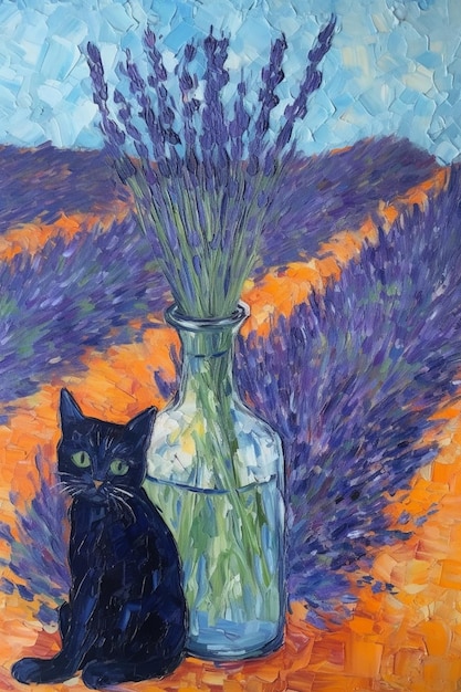 A painting of a black cat and a bottle of lavender.