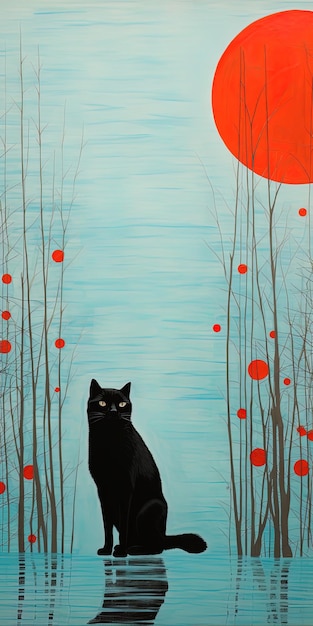 Photo a painting of a black cat in a forest with red flowers