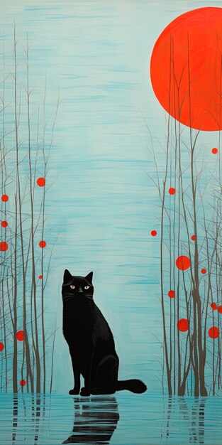 Photo a painting of a black cat in a forest with red flowers