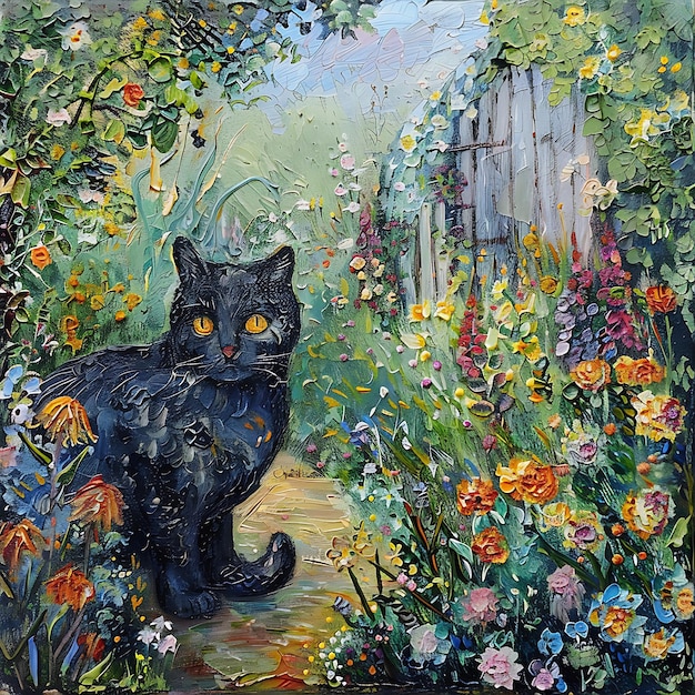 a painting of a black cat in a garden with flowers in the background