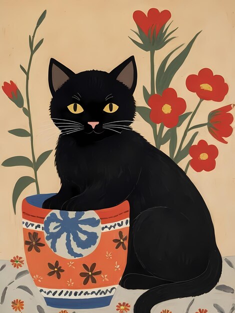 Photo a painting of a black cat sitting in a flower pot