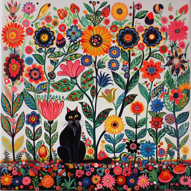 painting of a black cat sitting in a garden of flowers generative ai