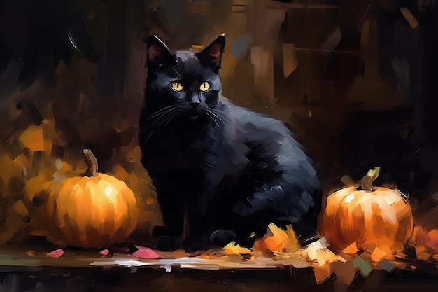 A painting of a black cat and two pumpkins.