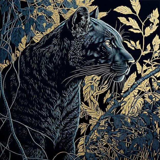 A painting of a black cat with gold leaves on it