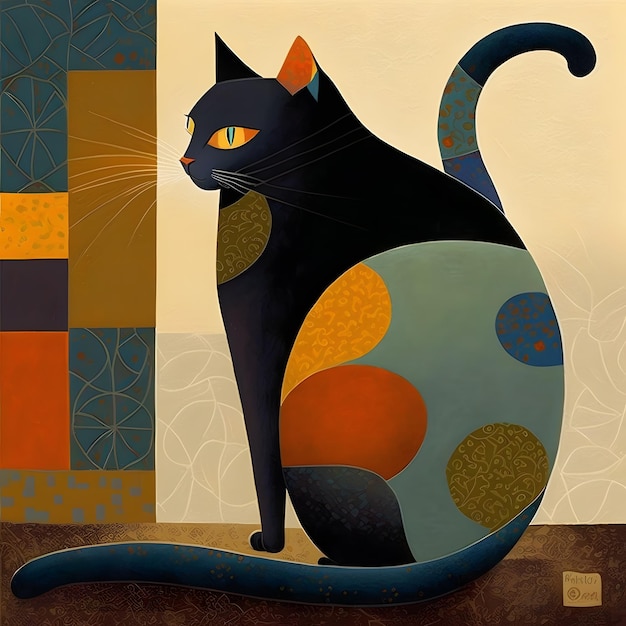 A painting of a black cat with yellow eyes and green eyes.