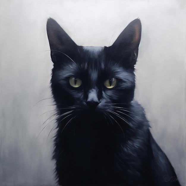 A painting of a black cat with yellow eyes is shown.