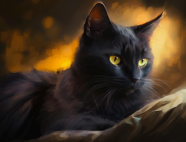 A painting of a black cat with yellow eyes.