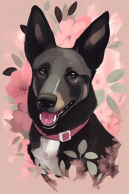 A painting of a Black Dog Portrait Surrounded by flowers With Pink Background