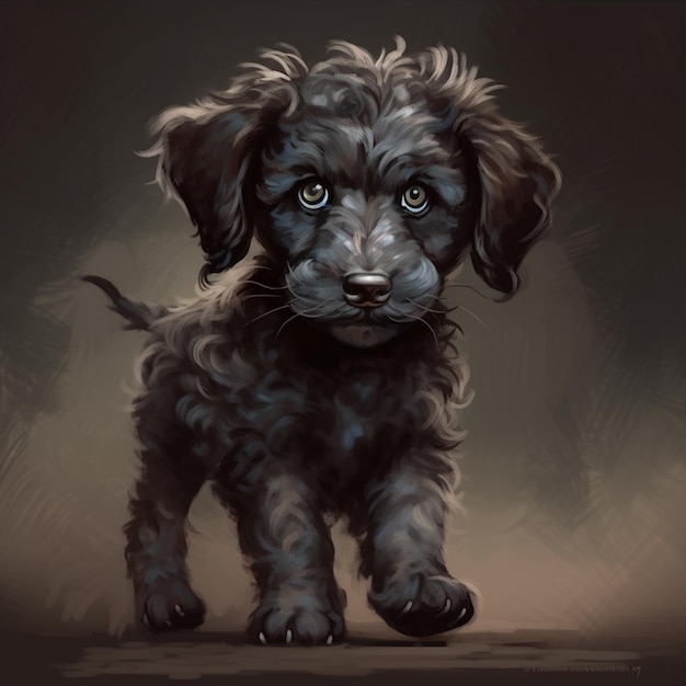 A painting of a black dog with a brown background and the words " poodle " on the bottom.