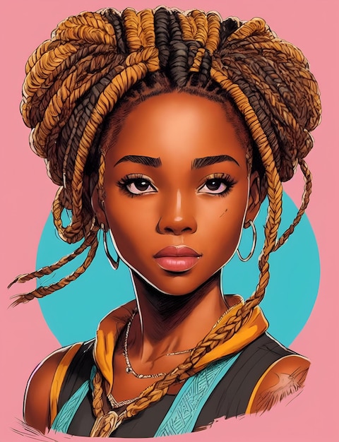 A painting of a black girl with braids on her head