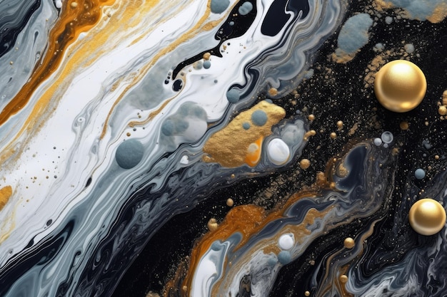 A painting of a black and gold swirl with gold and silver paint.