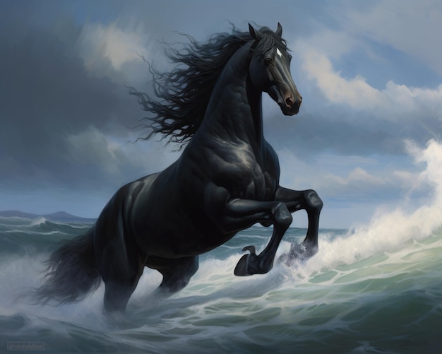 A painting of a black horse with a black mane running in the ocean.