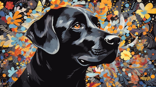 A painting of a black lab dog with autumn leaves on the face.