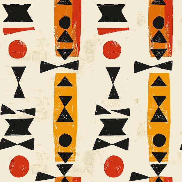 a painting of a black and orange geometric design with a red circle and arrows